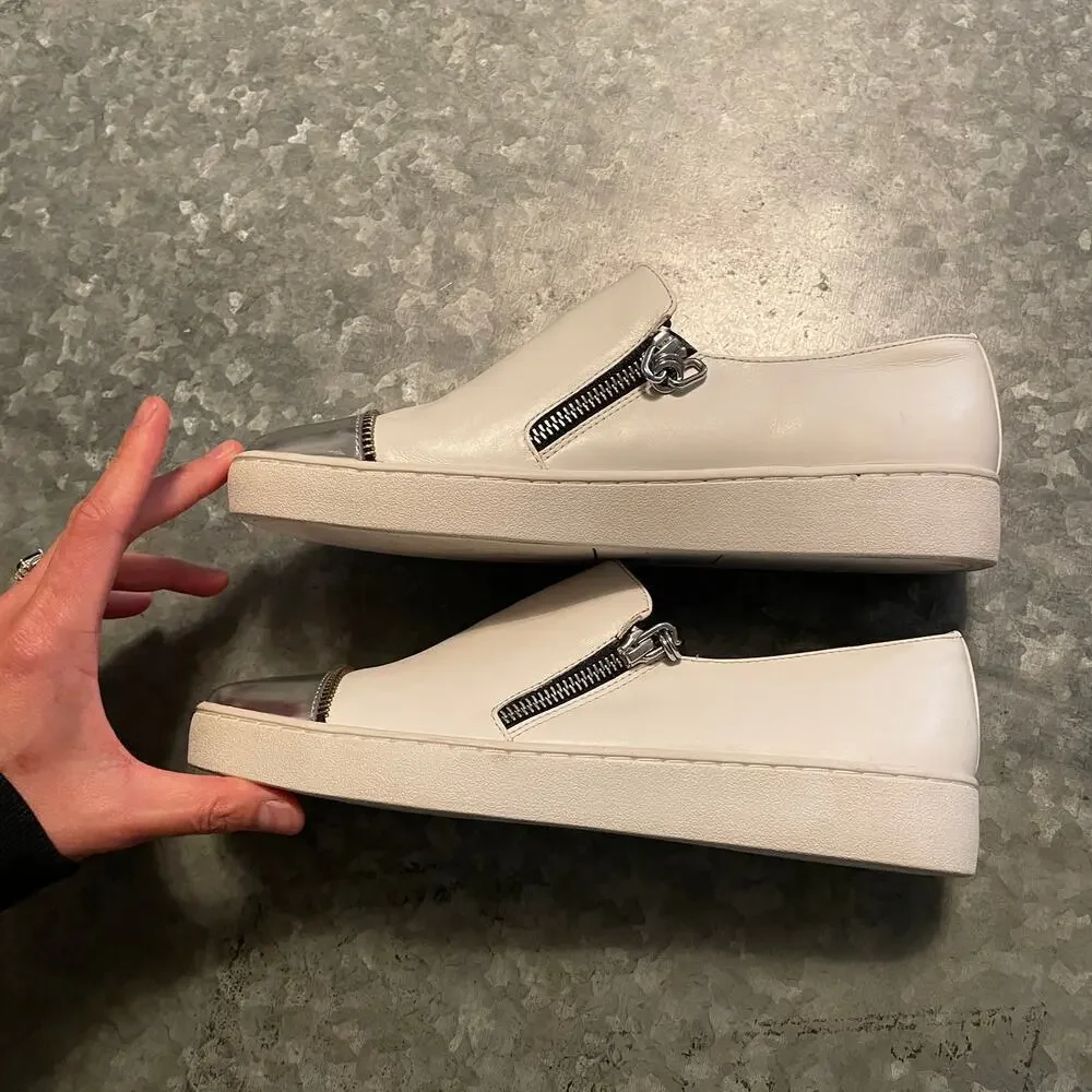 Michael Kors Grayson Slip On Leather Sneakers Shoes 8.5 White Metallic Gray Zip